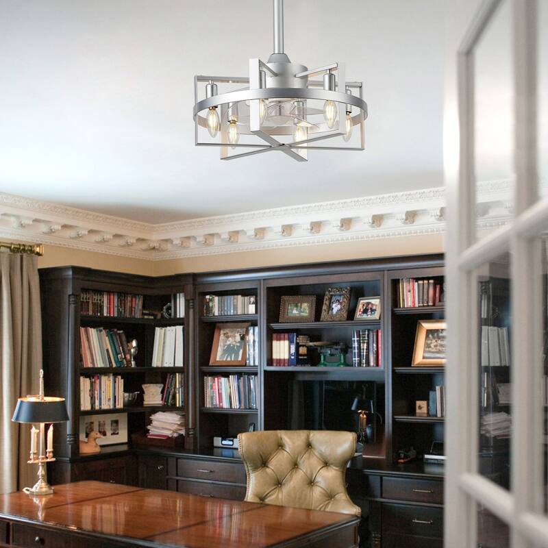 18" Industrial Metal Caged Ceiling Fan with Remote and Light Kit 6-speed Reverisble Chandelier - 17.7 Inch