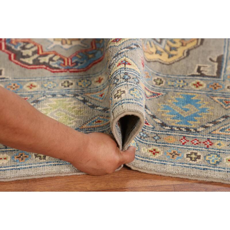 Geometric Grey Kazak Oriental Area Rug Handmade Wool Carpet - 4'10" x 6'11"