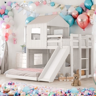 Modern Twin Over Full Wooden Bunk Bed Loft Bed With Playhouse,Ladder