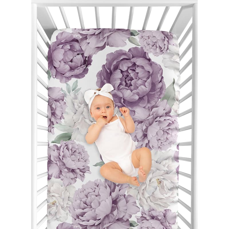 Sweet Jojo Designs Lavender Purple Boho Shabby Chic Floral Girl Fitted Crib Sheet Lilac Ivory Bohemian Vintage Watercolor Garden