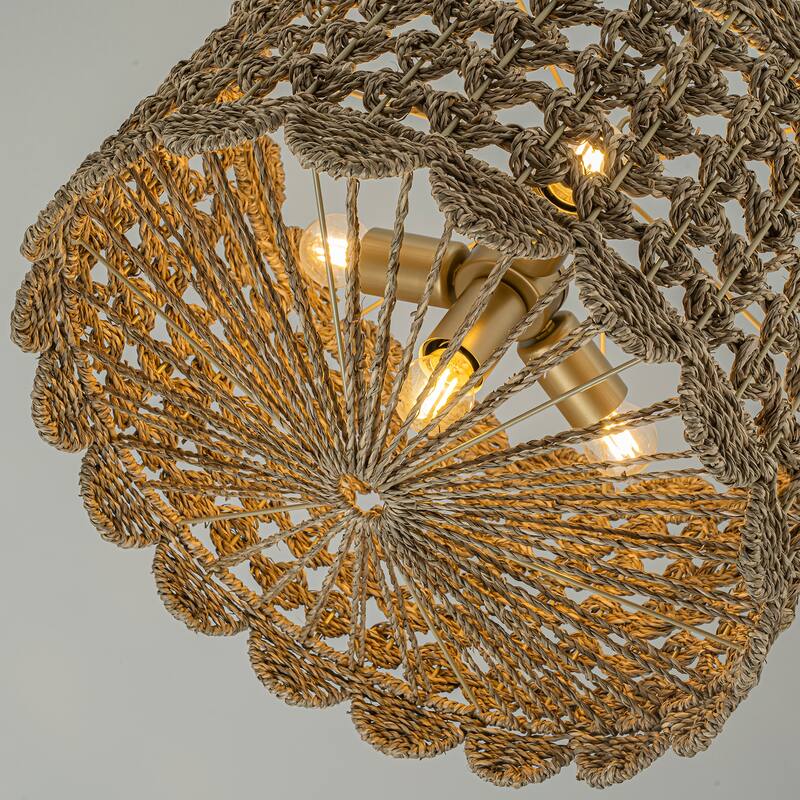 Riva Natural 4-Light Seagrass Scalloped Pendant, Coastal Boho - Handwoven - 18" Wide