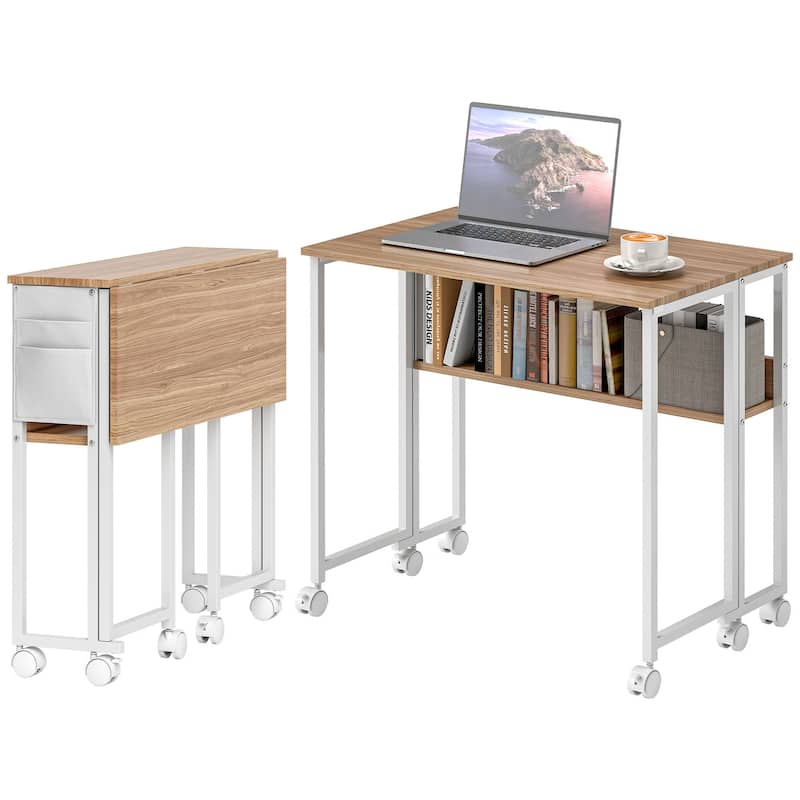 Mobile Foldable Desk with Storage Shelf and Drop-Leaf Design for Narrow Spaces and Home or Office - Natural Wood, White 