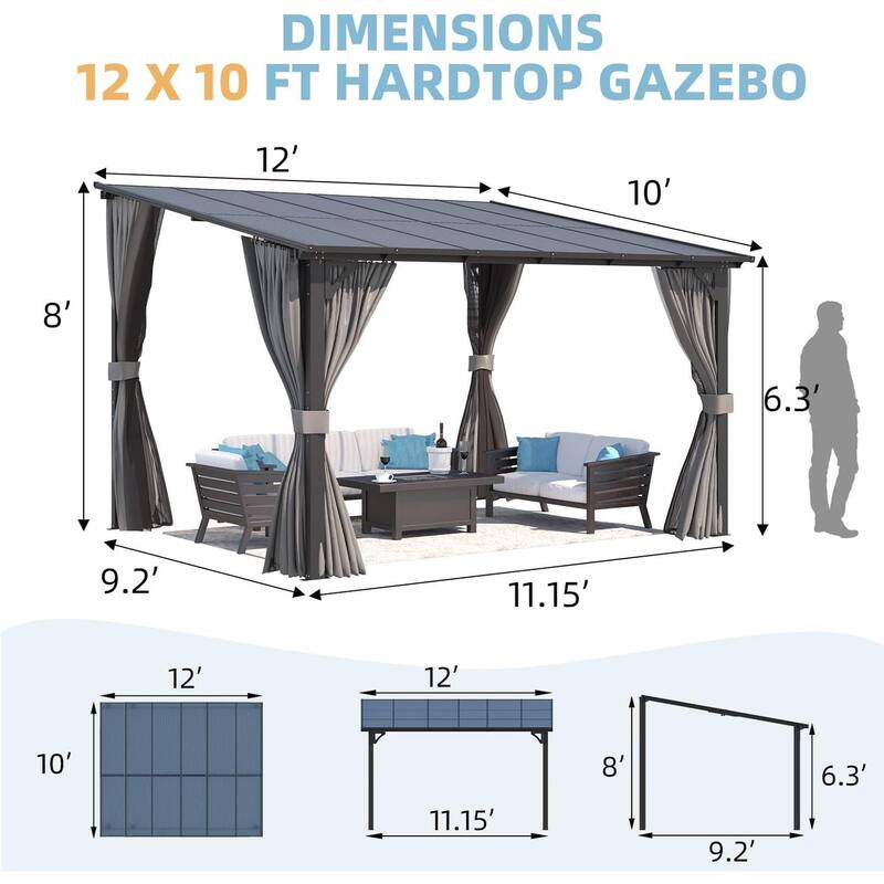 AECOJOY Gazebo for Patio, Small Wall-Mounted Lean to Pergola 8x8 Gazebo with Curtains and Netting, Hard Top Gazebo on Clearance