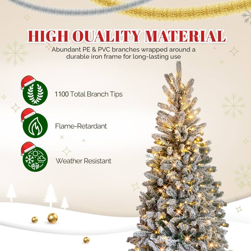 7 FT Snow Flocked Pre-lit Artificial Pencil Christmas Tree, Hinged Xmas Pine Tree for Holiday Party Office Home, Snowy Green