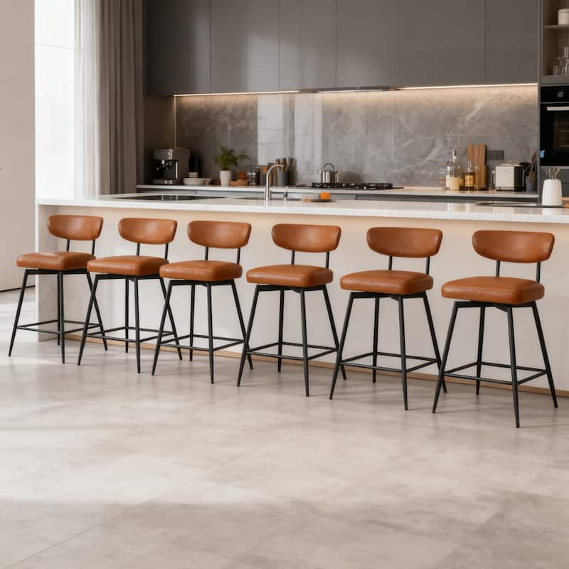 Modern Nearly 26" H Swivel Faux Leather Counter Height Bar Stools - Set of 6 - Brown