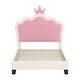 preview thumbnail 23 of 34, Cute Girl Princess Bed with Crown Headboard, PU Upholstered Platform Bed, Wood Panel Bed Low Profile Bed