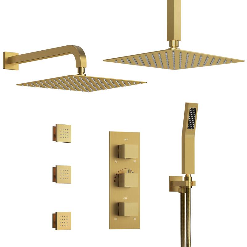Thermostatic Faucet System 12" Dual Showerheads with 3 Body Jets and Rough-In Valve
