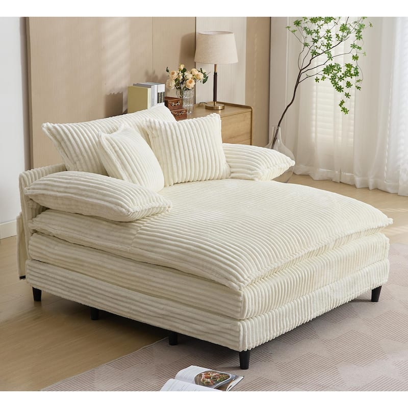 Reclining Sleeper Sofa Bed Single Chaise Lounge Corduroy Upholstered Lounge Couch Chair with Adjustable Backrest and Pillows
