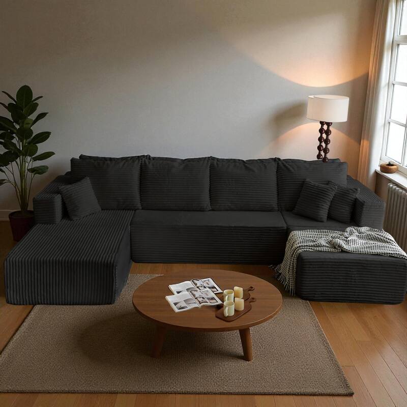 133.86" Cloud Modular U-Shaped Sectional Sofa with Ottoman, Deep-Seat Corded Fabric Couch for Living Room, No Assembly