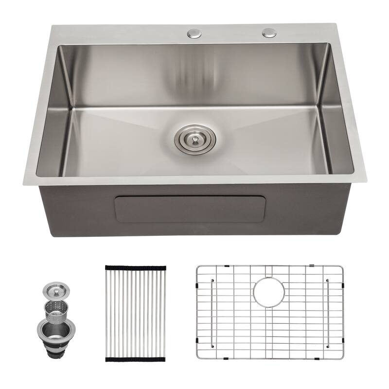 33 Inch Drop-in 16 Gauge Single Bowl Stainless Steel Kitchen Sink in Brushed Nickel - 33'' x 22'' x 10''