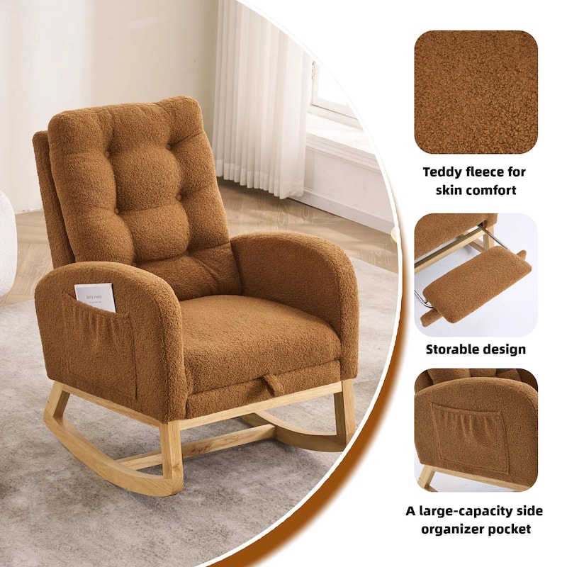 Accent Rocking Chair with Footrest High Back Rubber Wood Rocking Legs Bedroom Living Space