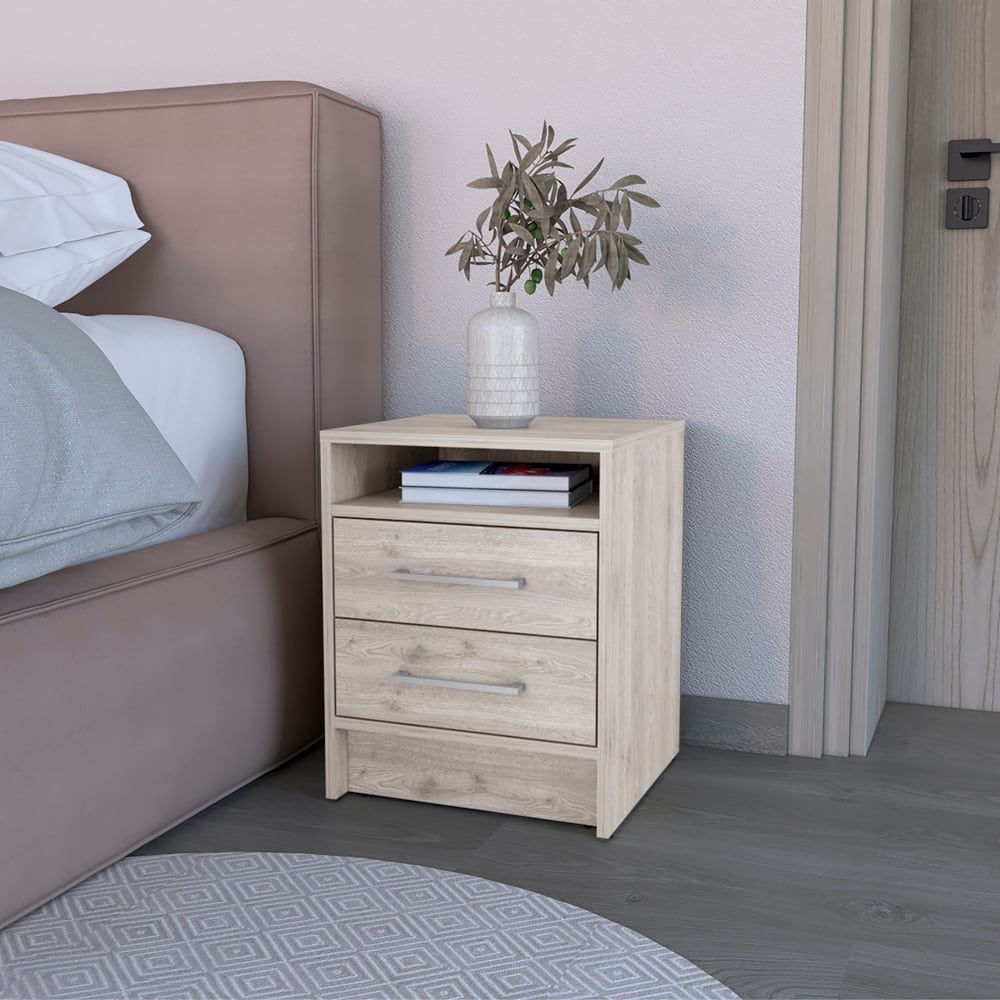 Light Gray Nightstand with Two Drawers and Open Shelf