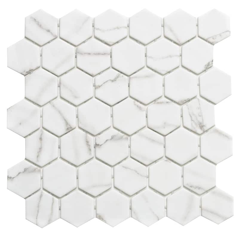 Eterna Hex 2x2 Glass Hexagon Mosaic Tile - Floor, Wall, Backsplash - 4 x 4 Sample - Venato White