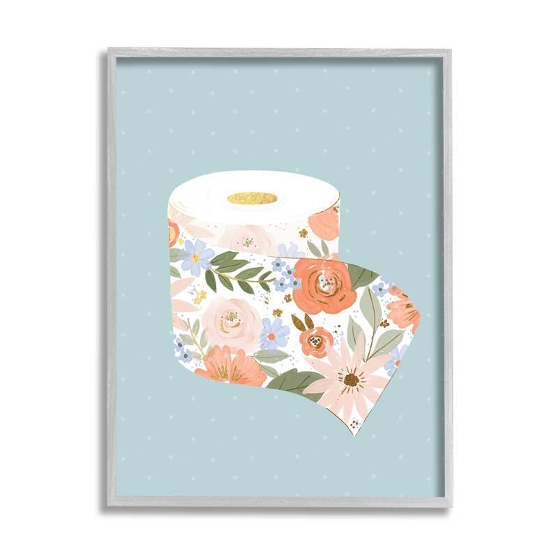 Stupell Spring Floral Print Toilet Paper over Blue Framed Giclee Texturized Art by Loni Harris - 24 x 30 - Grey