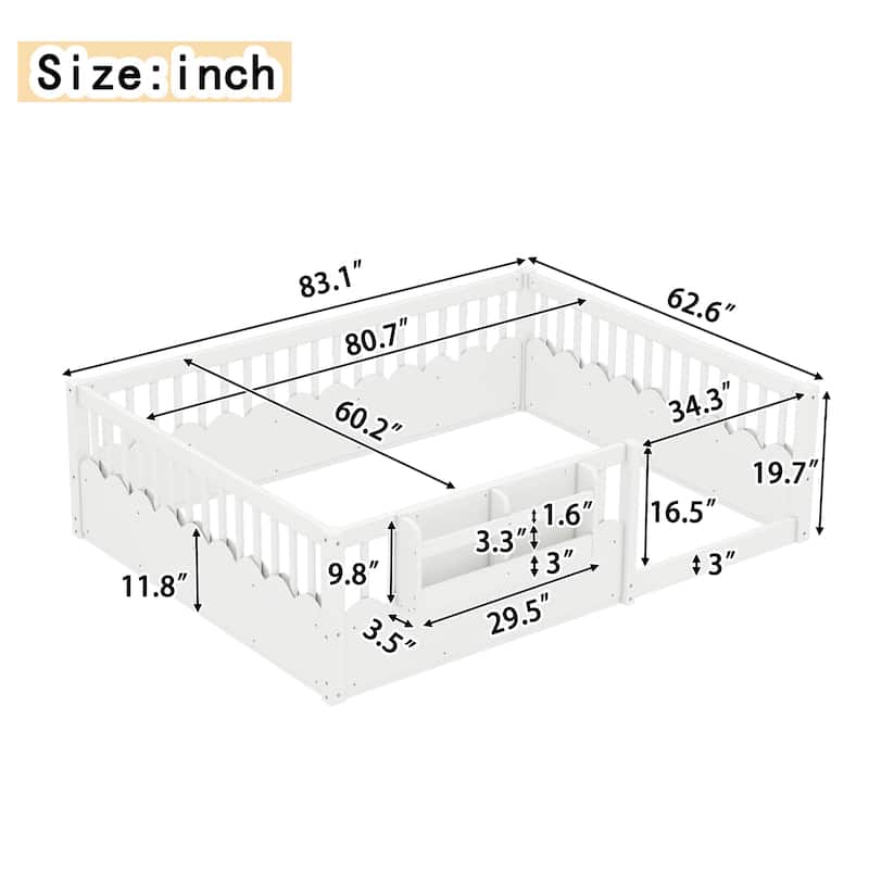 Montessori Floor Bed Kids Bed Frame with Heightened Fence and Bookshelf, Wavy Decoration Wood Platform Bed, No Slats Design