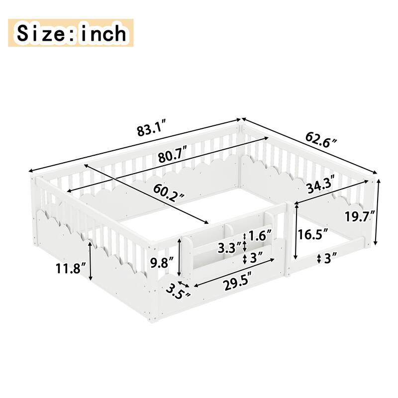 Queen Floor bed with Heightened Fence and bookshelf, Wood Floor Bed for Kids