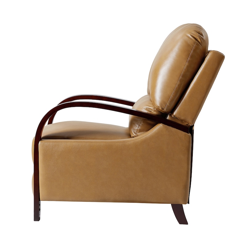 Alex Mid-century Modern Genuine Leather Manual Recliner with Wooden Curved Arms