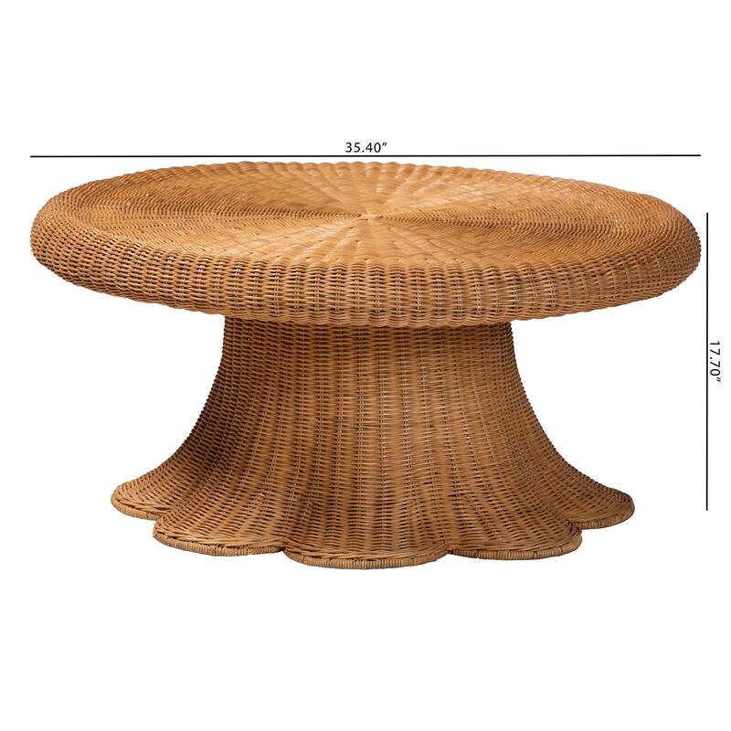 Avalon Natural Rattan Round Coffee Table with Scalloped Pedestal Base - Coastal Boho Wicker Accent Table