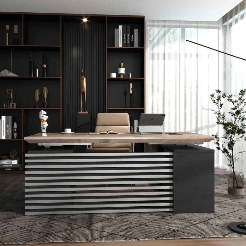 Adjustable L-Shaped Executive Desk with Outlets File Cabinets 3 Drawers Custom Size & Color