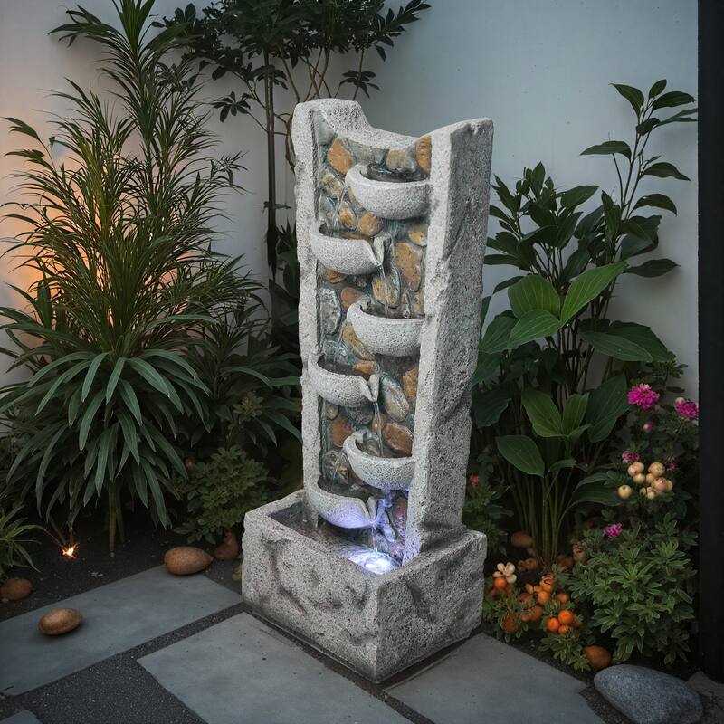 6-Tier Marble Style Outdoor Fountain with LED Lights