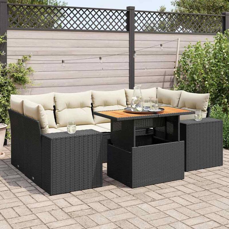 vidaXL Patio Sofa Set with Cushions Modular Lounge Sofas 7 Piece Poly Rattan - 21.7 x 39.4 x 28.7 - Black and cream with storage