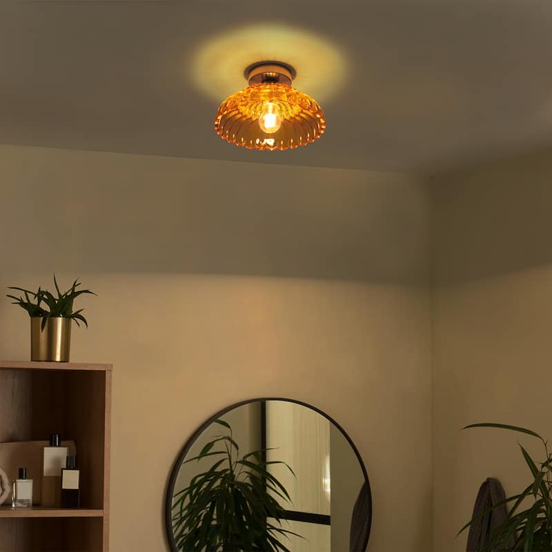 1-Light Vintage Brass Finish Metal Semi-Flush Mount Ceiling Light with Amber/Green/Grey/Clear Glass Shade for Kitchen, Hallway