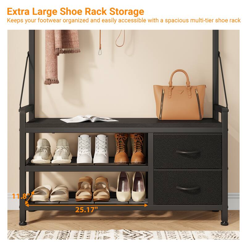 6-in-1 39.4"Hall Tree with Bench Entryway Shoe Rack w/24 Hooks & 2 Drawers