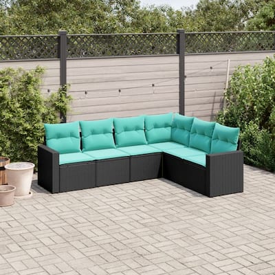 vidaXL 6/7 Piece Patio Sofa Set with Cushions Black Poly Rattan - 24.4" x 24.4" x 27.2"