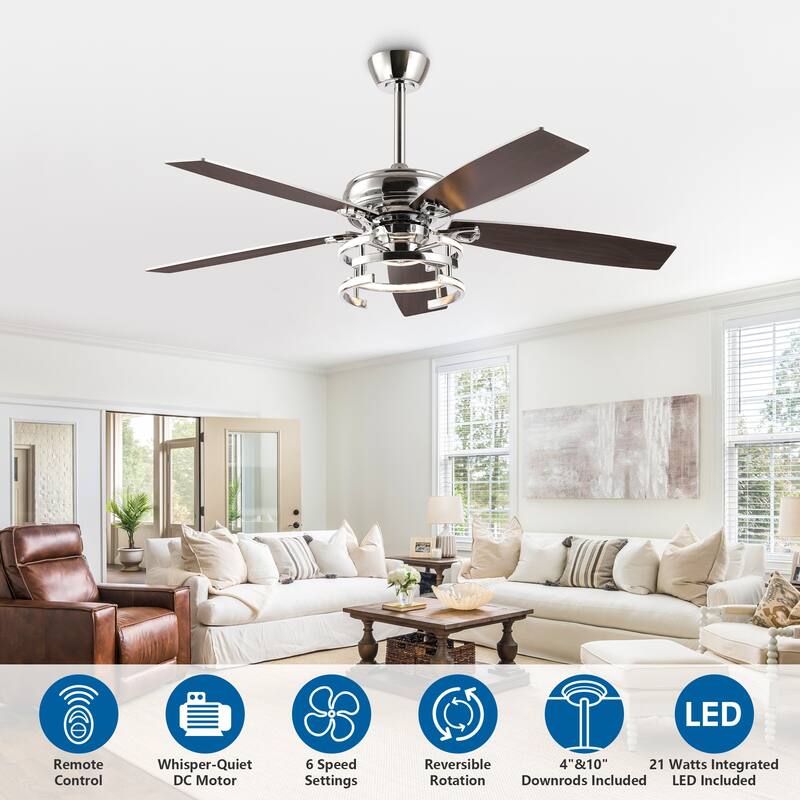 52" Farmhouse Chrome Integrated LED Dimmable Ceiling Fan with Light and Remote - 52 in. W x 52 in. D x 13 in. H
