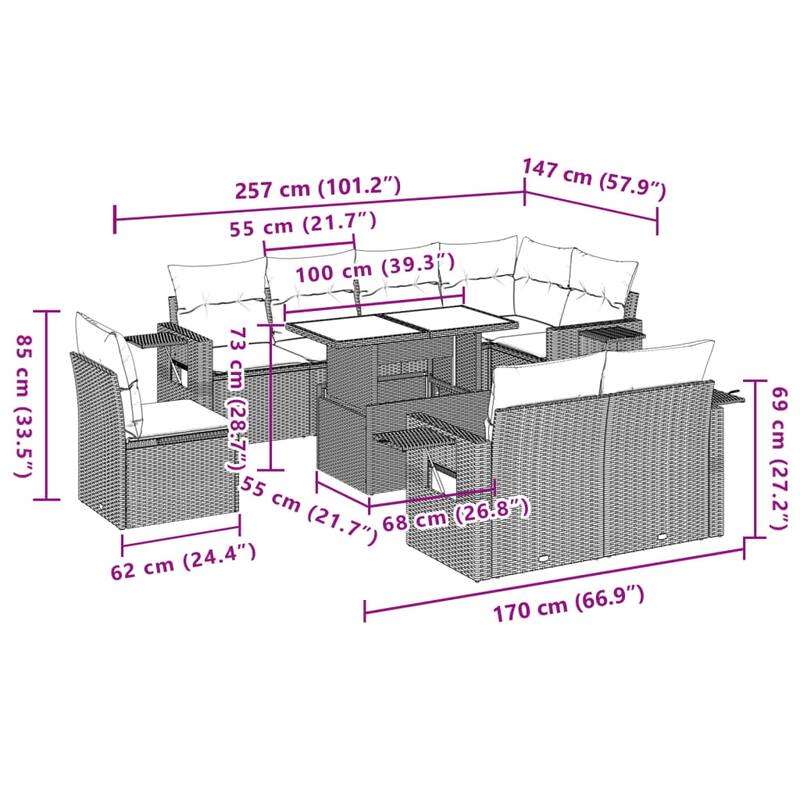 vidaXL Patio Sofa Set with Cushions Outdoor Furniture 9 Piece Poly Rattan - 21.7 x 39.4 x 28.7