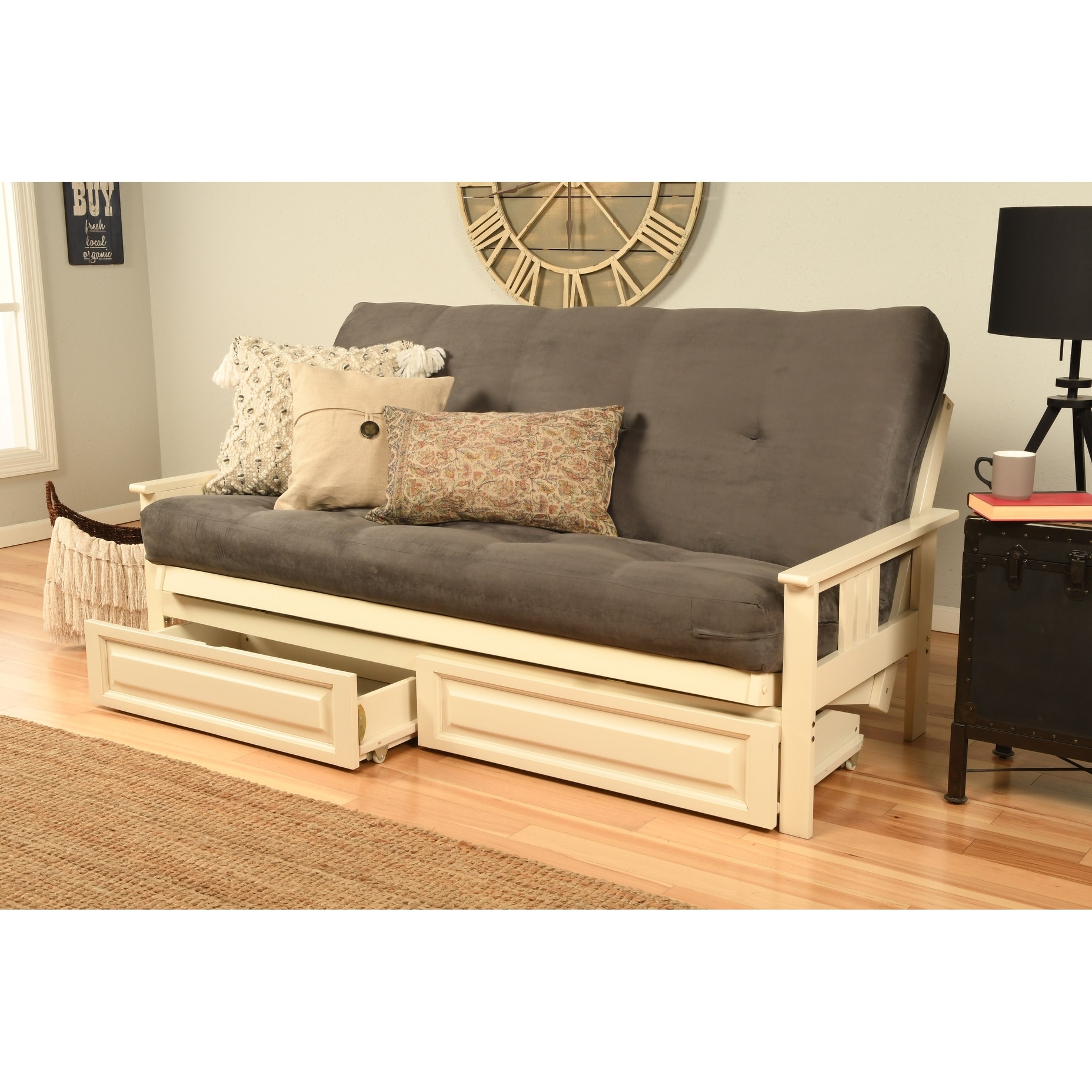 Somette Beli Mont Antique White Full-size Storage Futon Set with Mattress