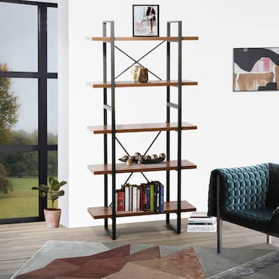 Eleanore Adjustable Antique Walnut Wood and Metal Display and Steel Etagere Bookcase - 71.06'' x 35'' x 12.52''