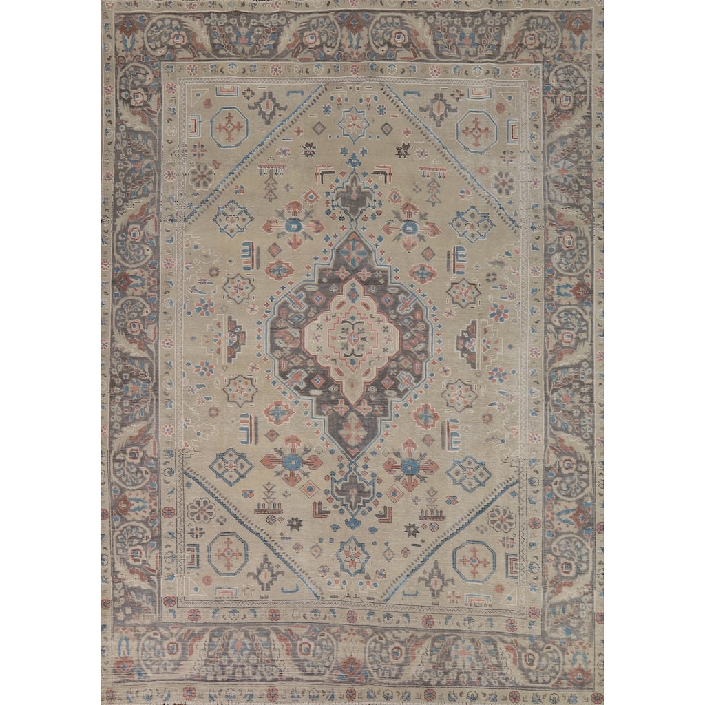 Geometric Tabriz Persian Rug Handmade Beige Wool Carpet - 8'2"x 10'9"