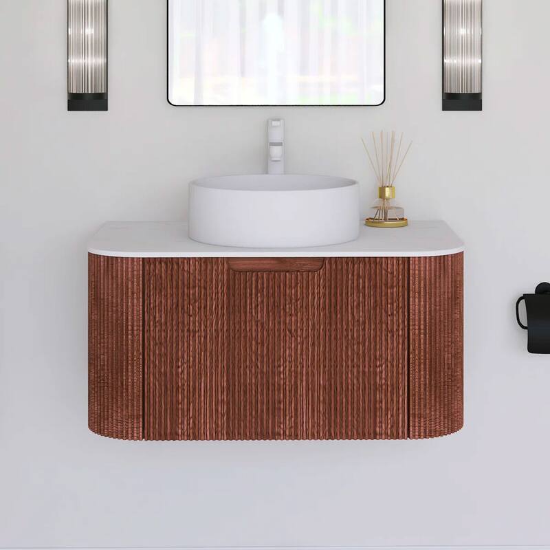Wall-Mounted Bathroom Vanity with White Round Ceramic Sink - 29.92'' x 18.9'' x 19.33'' - Walnut