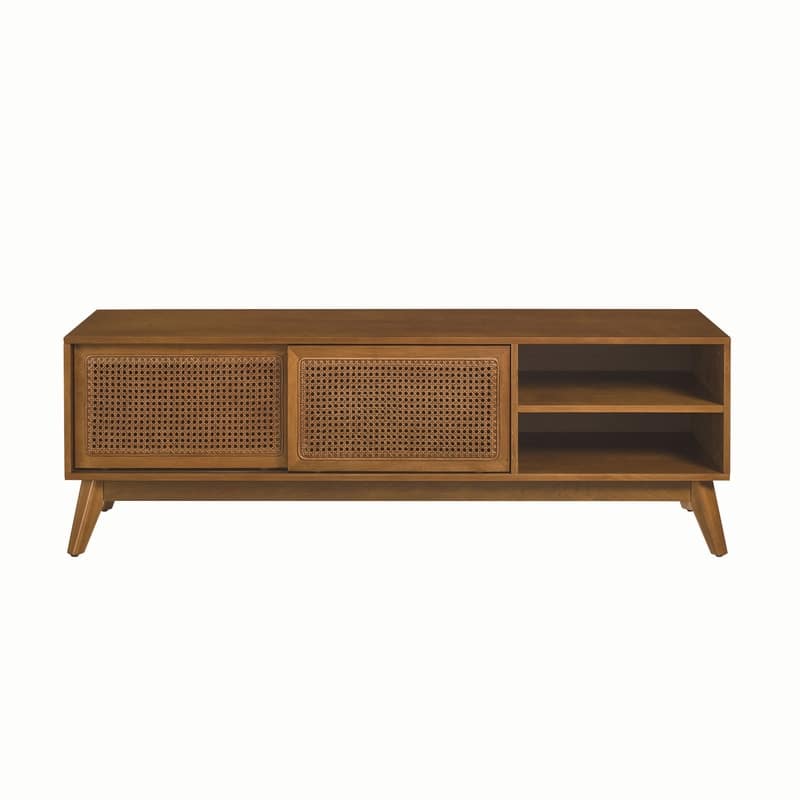 59" Mid-Century Modern Rattan TV Stand with Storage for 65" TV, Light Wood