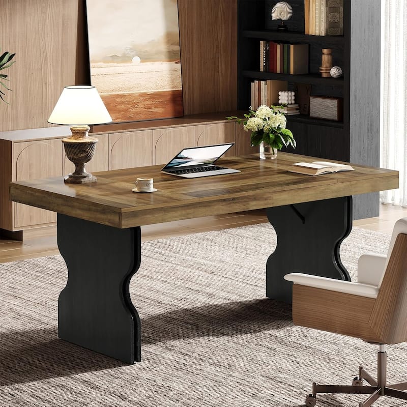 63-Inch Executive Desk, Computer Table with Hourglass Shape Legs - Brown & Black