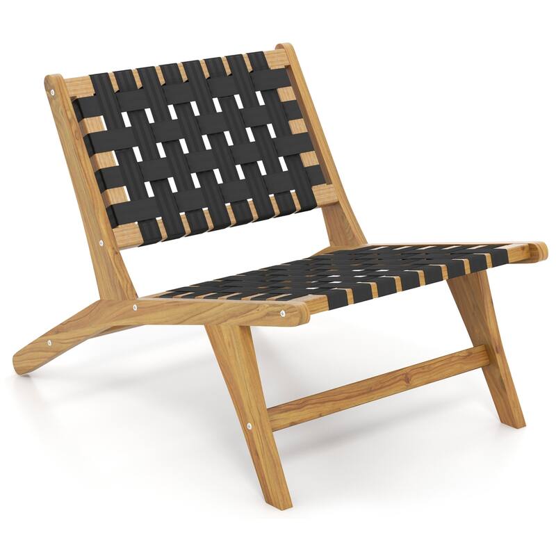 Gymax Teak Wooden Chair w/ Woven Webbing Seat & Backrest for Patio Mid - Black