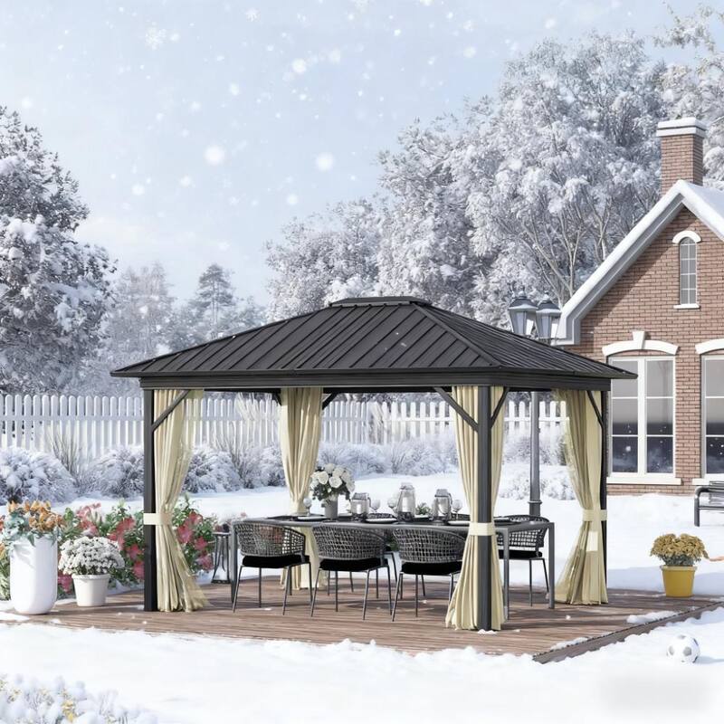 Hard Top Gazebo with Curtains, Aluminum Frame, and Mesh Netting - 11.9' x 9.8'