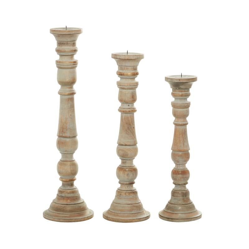 Brown Mango Wood Handmade Candle Holder with Turned Style (Set of 3)