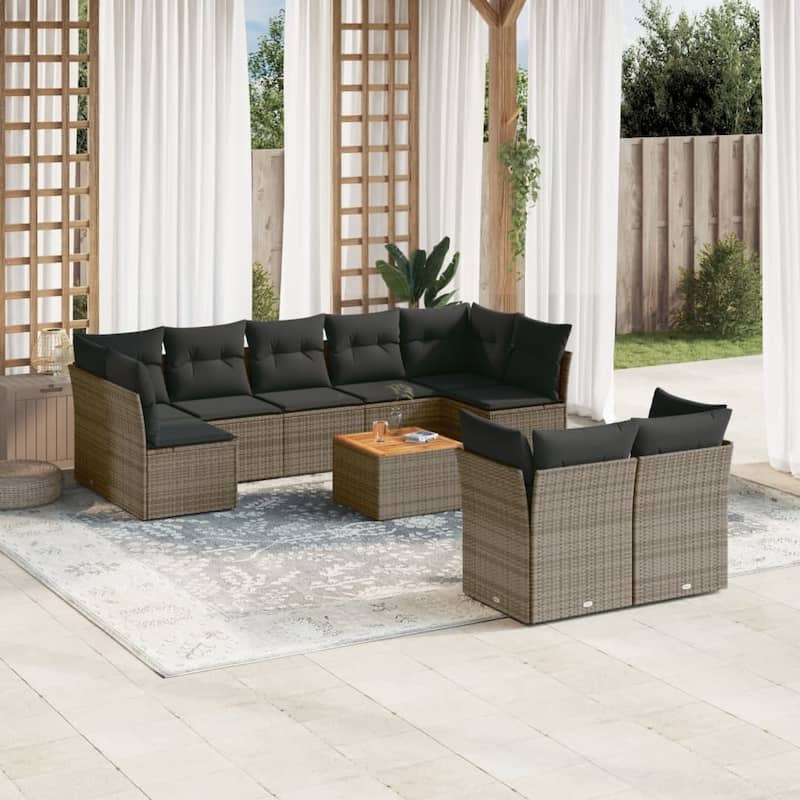 vidaXL Patio Sofa Set with Cushions Outdoor Furniture 10 Piece Poly Rattan - 21.7 x 21.7 x 14.6 - Grey-5x middle+4x corner+table