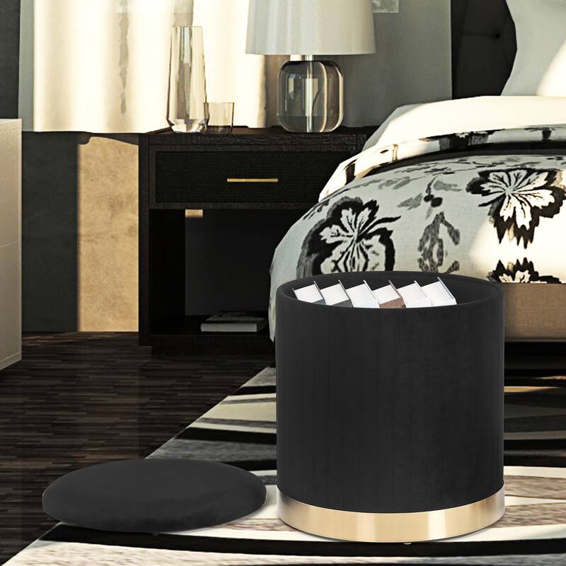 Adeco Round Velvet Storage Ottoman Vanity Stool Footstool (Pack of 2)