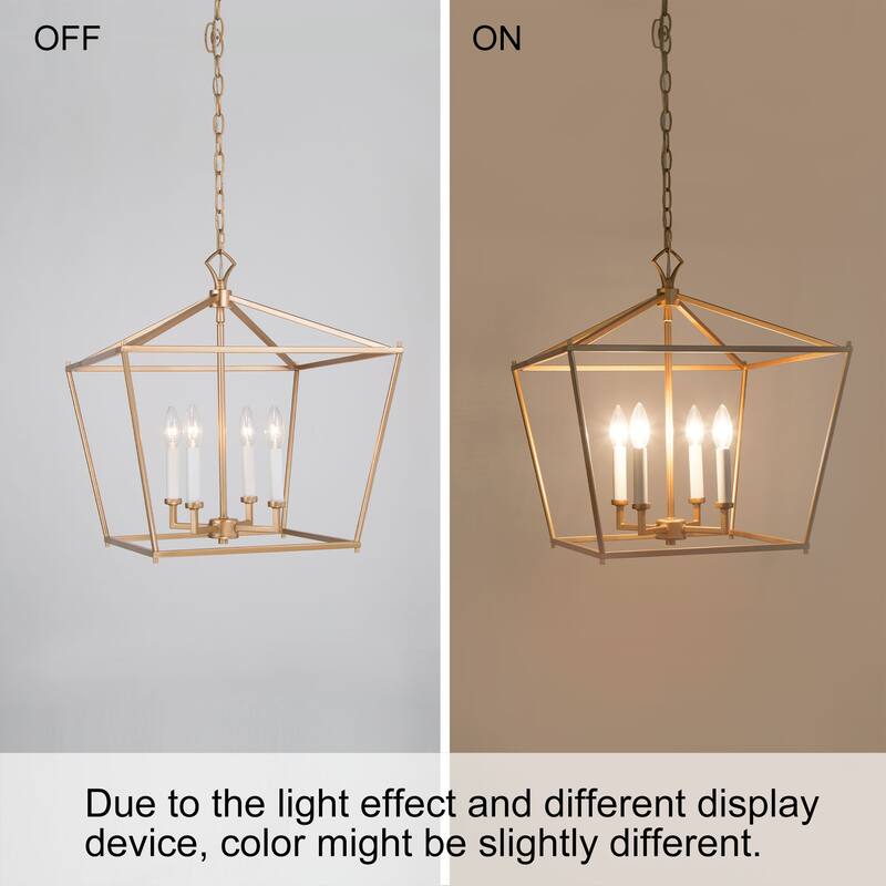 Modern Glam Gold 4-Light Geometric Lantern Cage Chandelier for Foyer - L17.5"*W17.5"*H20"