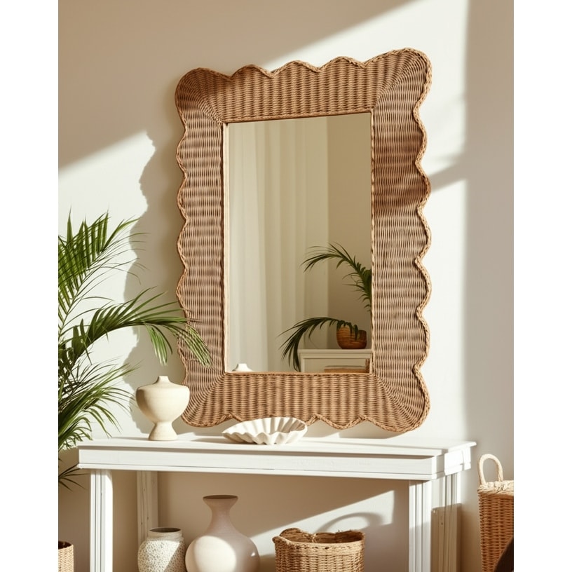 Woven Wicker Mirror Scalloped Edge Coastal Wall Decor - 44x32" Tan - 31.5" x 2" x 44"