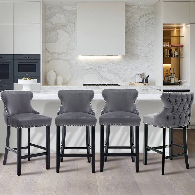 Button Tufted Velvet Wing-Back Barstools Set of 4