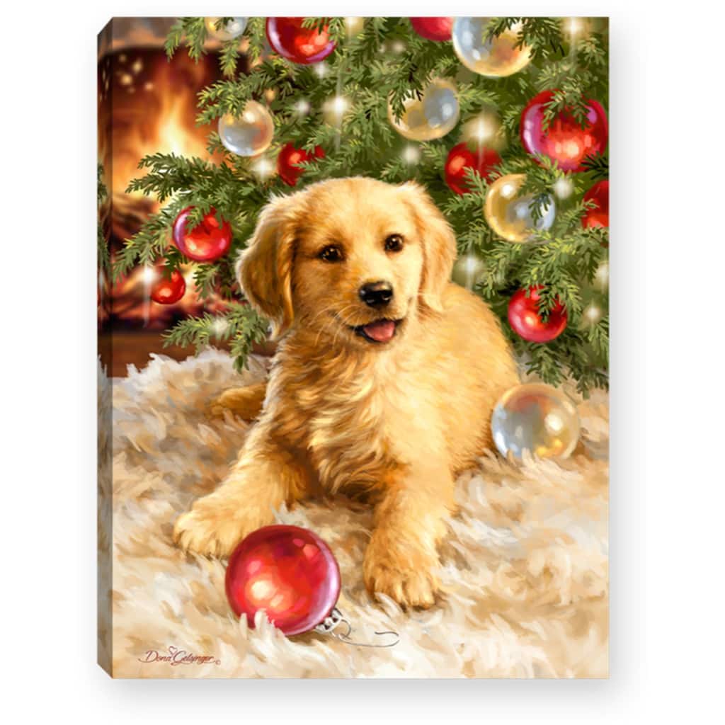 8" Green and Beige Christmas Puppy Lighted Tabletop Decor