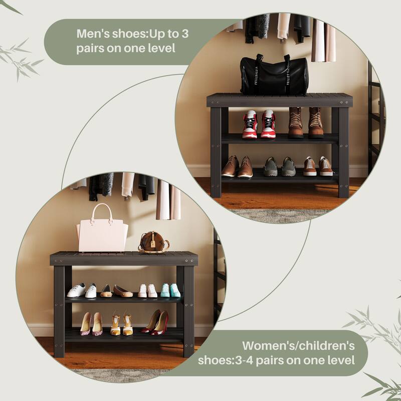 3-Tier Bamboo Shoe Rack Bench with Storage, Black, Brown, Wood