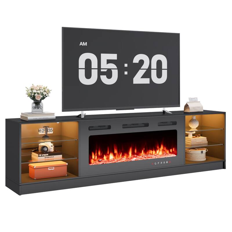 EROMMY 79" Fireplace TV Stand with 40" Electric Fireplace, Entertainment Center with Adjustable Glass Shelves