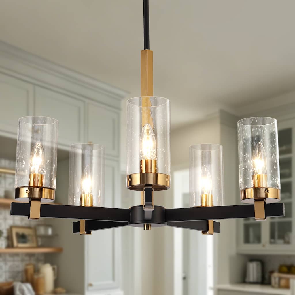 Yilia Modern 5-Light Black Gold Chandelier Glass Pendant Lights for Dining Room - 22" D x 15" H