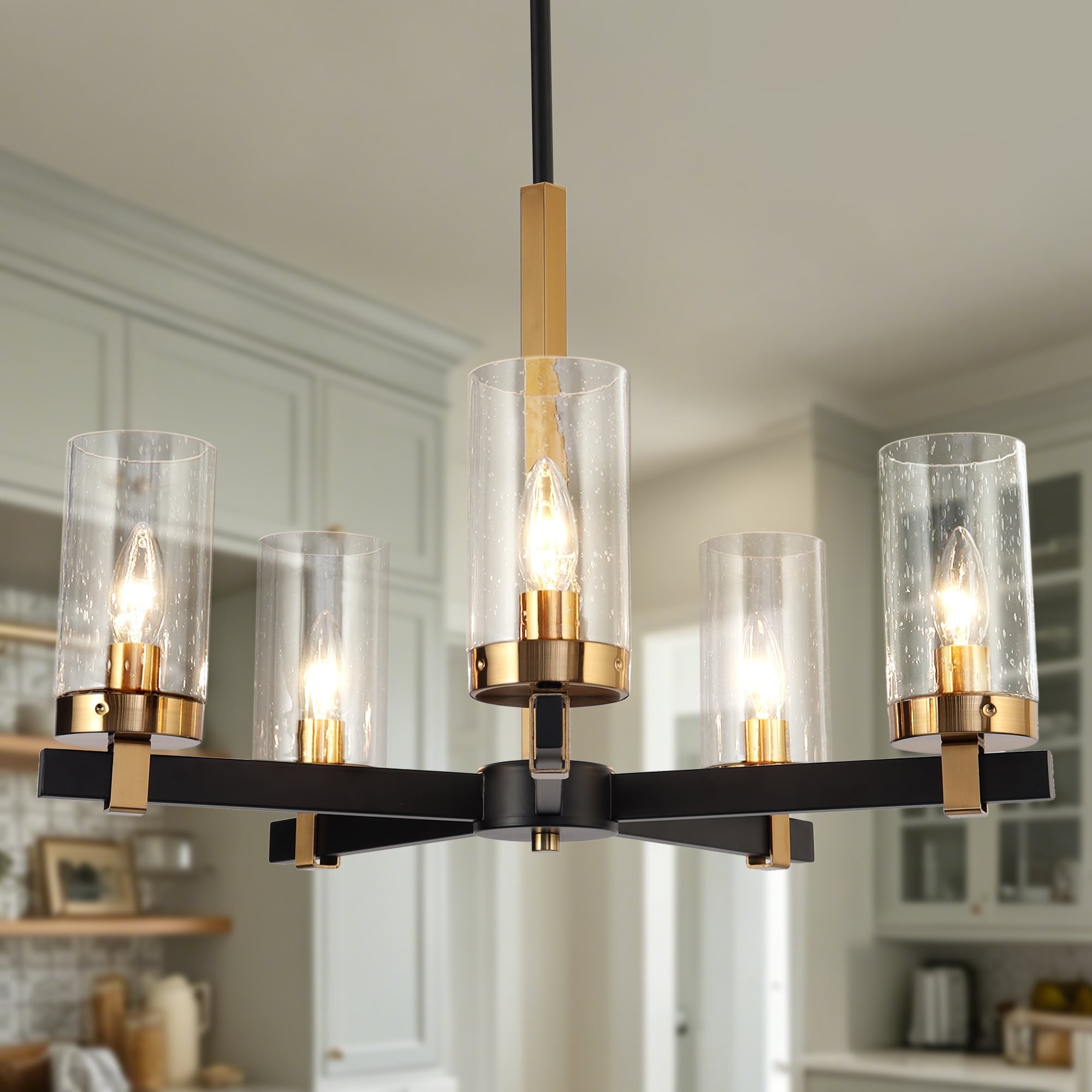 Yilia Modern 5-Light Black Gold Chandelier Glass Pendant Lights for Dining Room - 22" D x 15" H
