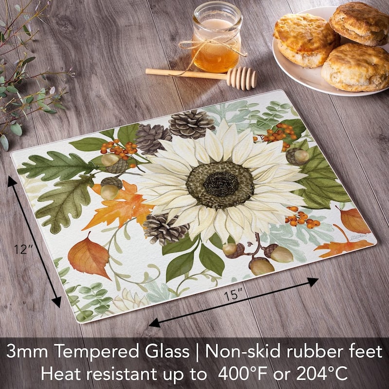 Farmhouse Fall Decorative 3mm Heat Tolerant Tempered Glass Cutting Board 15" x 12" Manufactured in the USA Dishwasher Safe